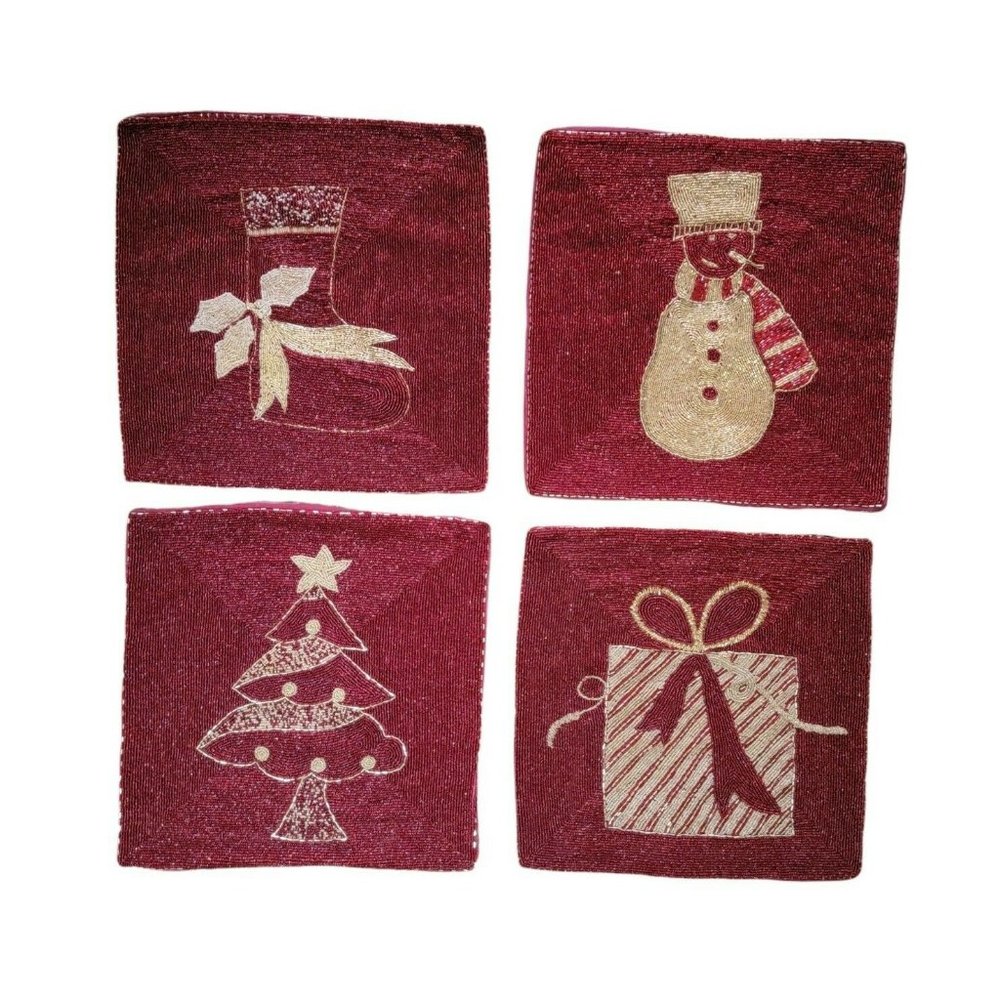 Vtg Table Mats Hand Beaded Placemats Set Of 4 Christmas 13"X13" Made in India